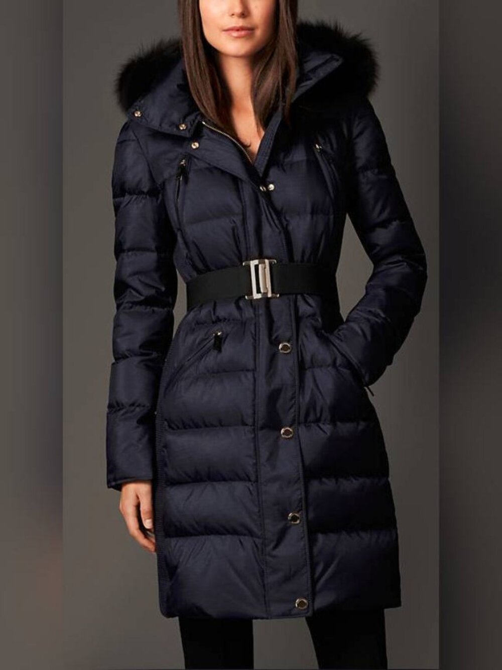 Burberry Abbeydale Navy Fur-Trim Hooded Quilted Puffer